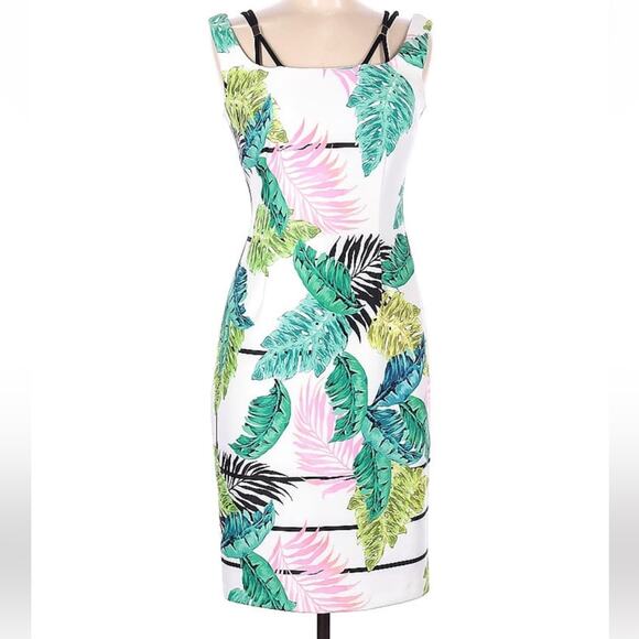 NWT Joseph Ribkoff tropical palm print sheath dress straps WOMENS SIZE 6 - Picture 1 of 13